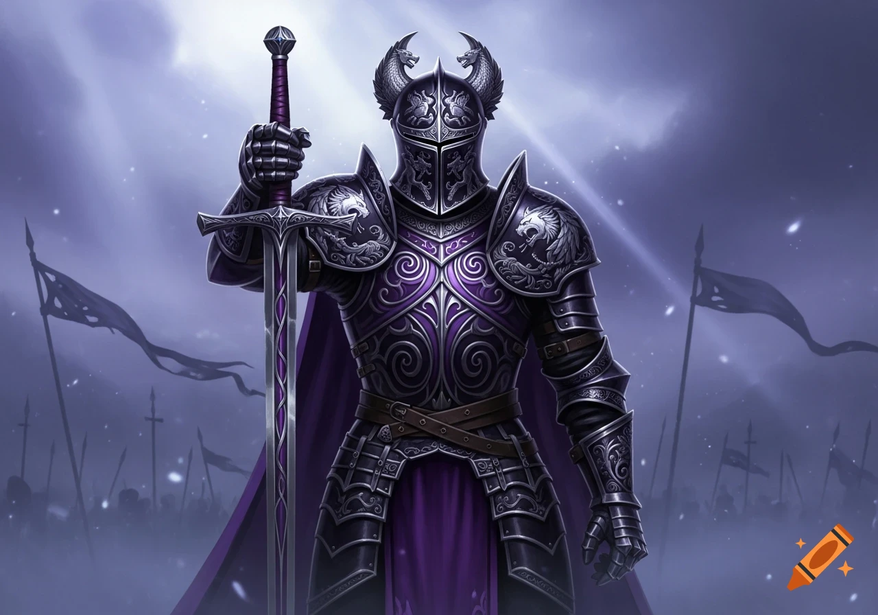 A purple and black knight in ornate, dragon-embossed armor holds a large sword, standing on a hazy battlefield under dramatic light.