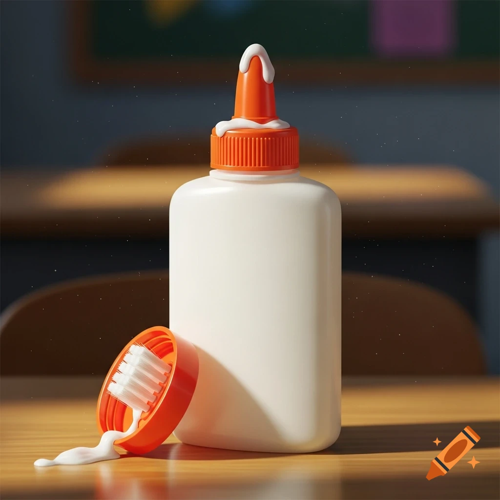 Photorealistic image of a white school glue bottle with an orange lid and brush, with some glue squeezed out, on a wooden desk.