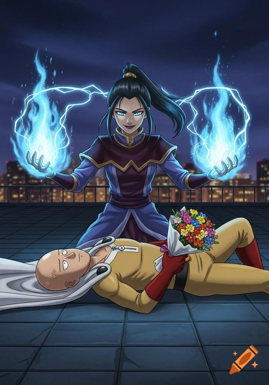 Azula, crackling with blue lightning, pins down Saitama, who holds a bouquet of flowers, on a rooftop at night.