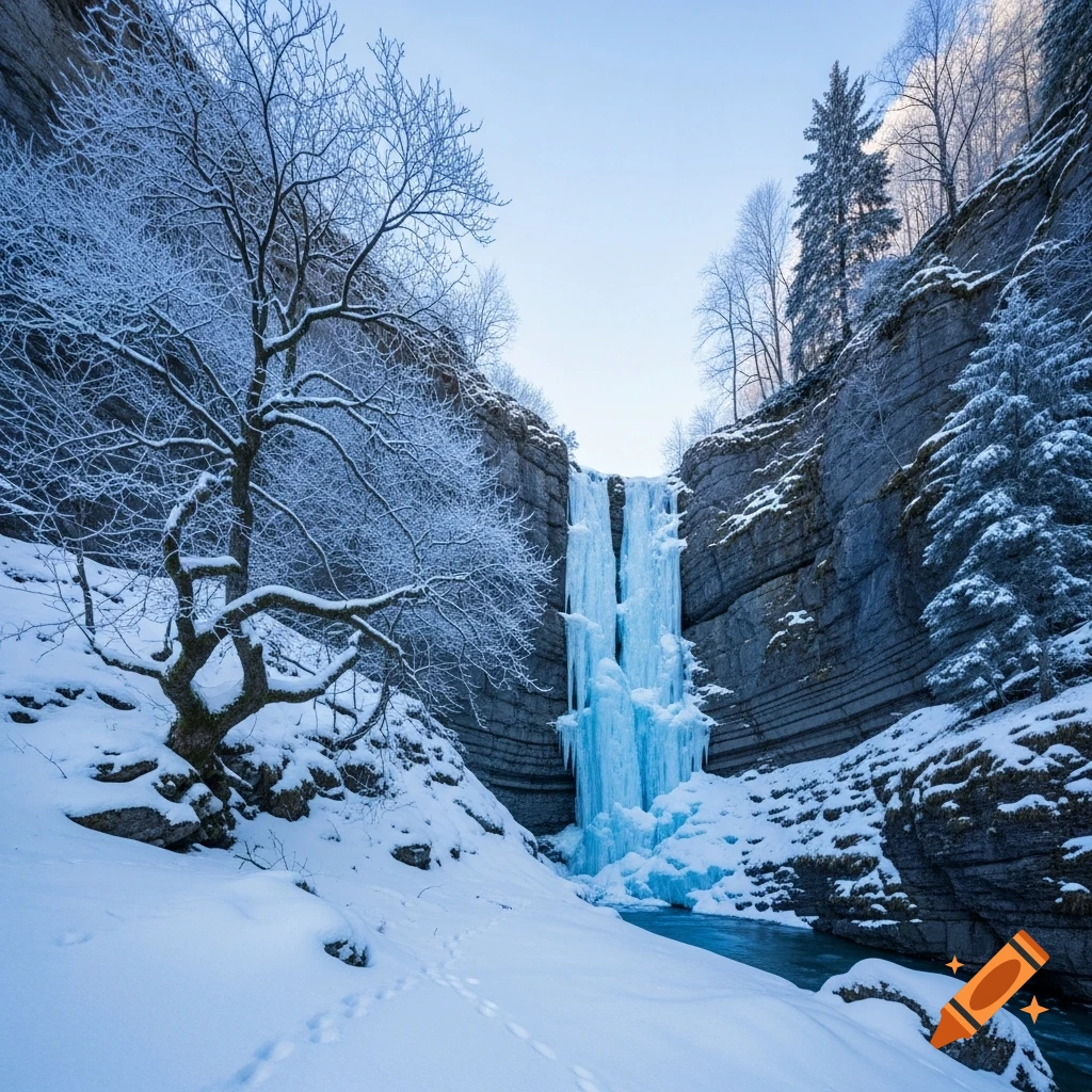 A stunning winter landscape shows a large blue icefall cascading between rugged snow-covered cliffs, with frosted trees and animal tracks in the snow.