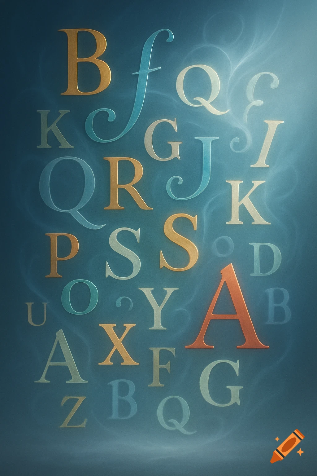 A textured background filled with various stylized English capital and lowercase letters in gold, blue, and light gray on a dark blue background with faint swirling patterns.