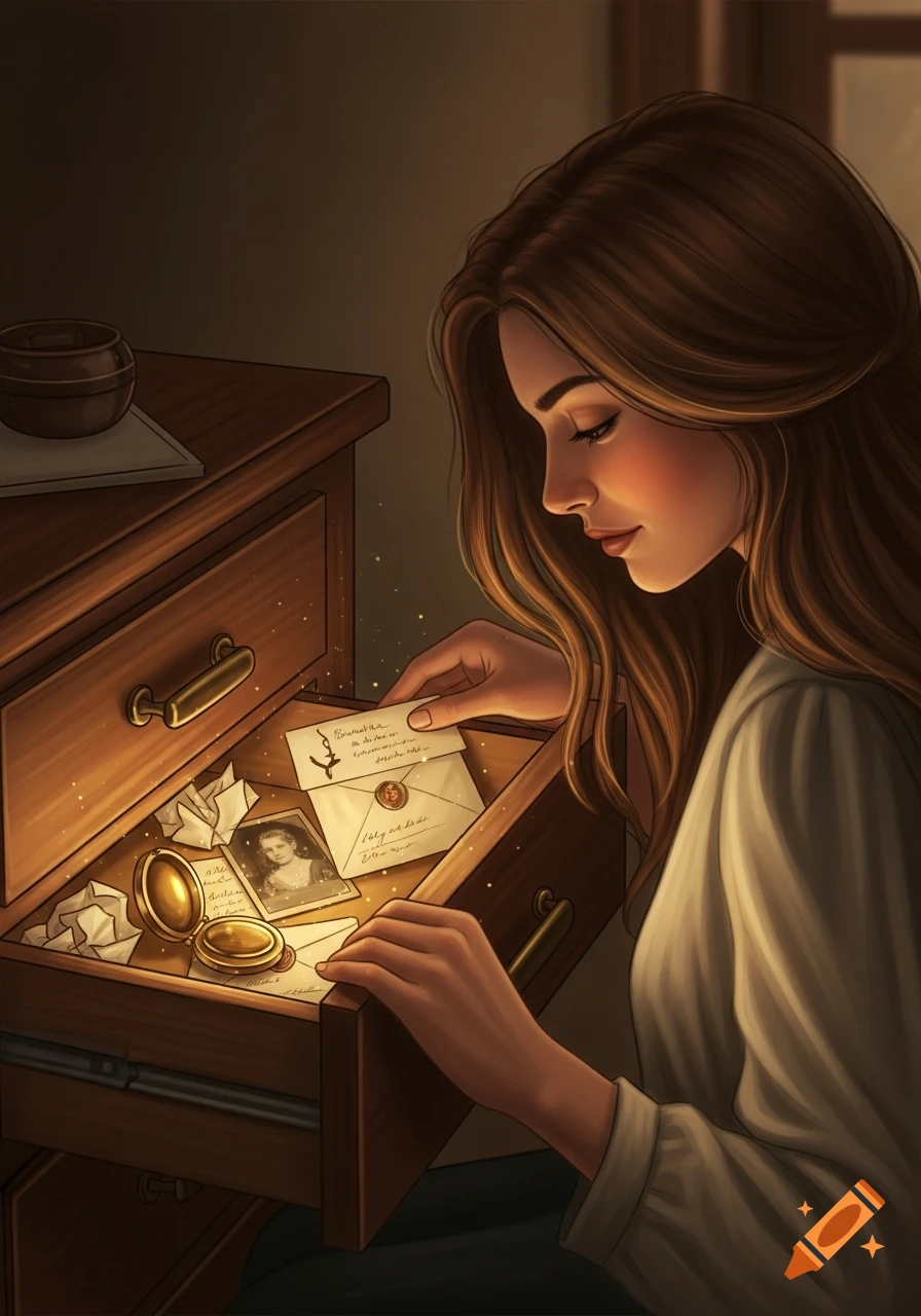An illustrated woman with long brown hair looks into a glowing drawer filled with old letters and a locket.