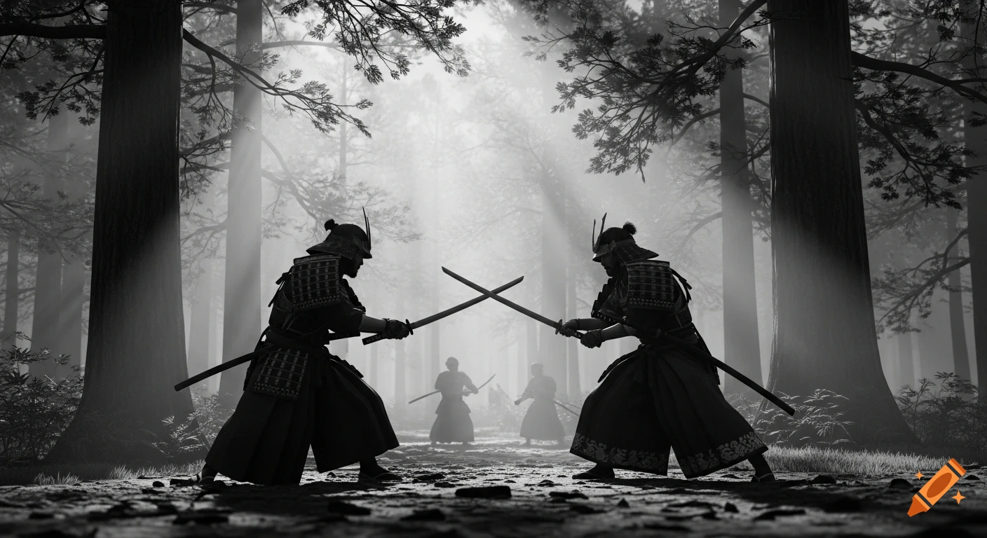 Two samurai duel with crossed swords in a misty, sun-drenched Japanese forest, rendered in cinematic black and white.