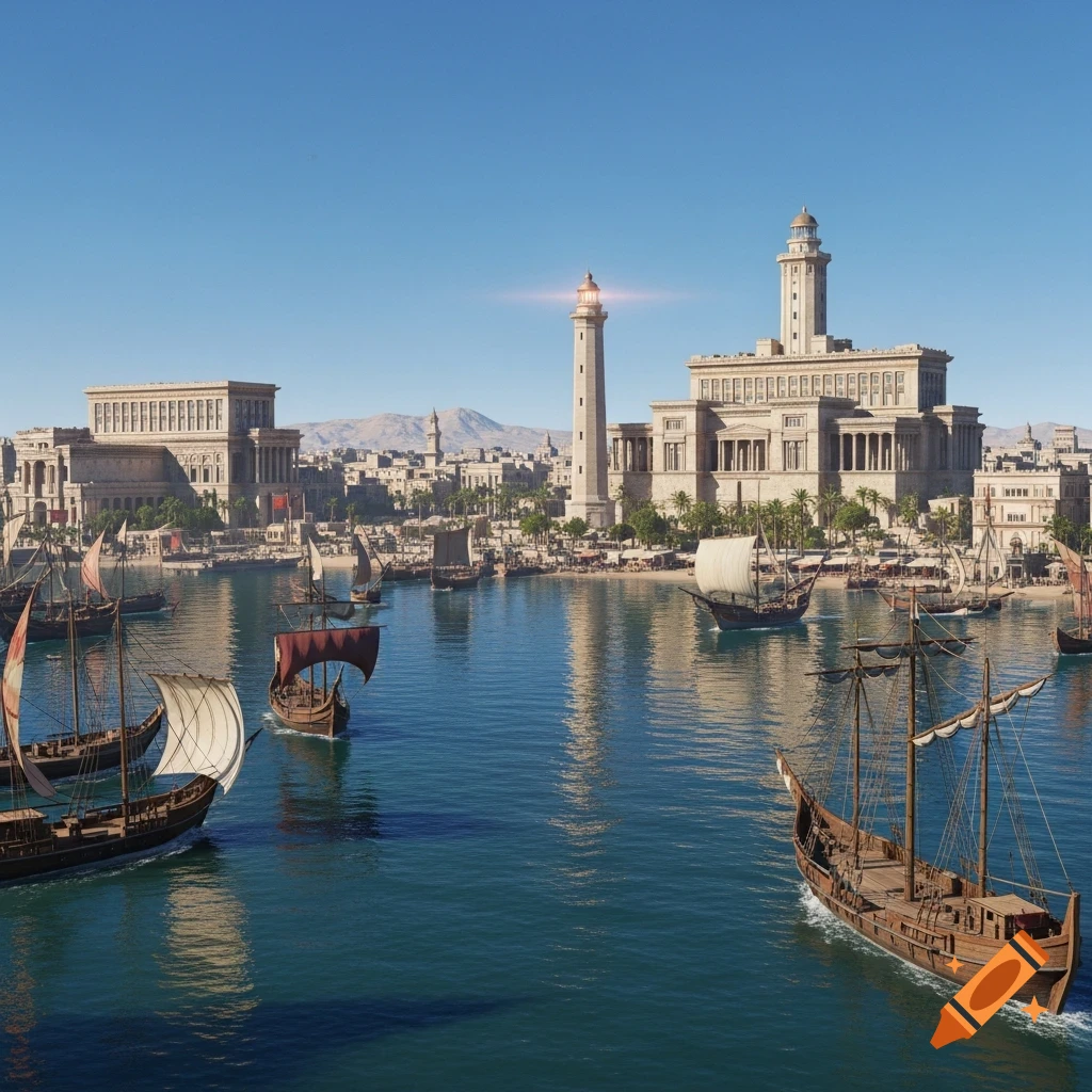 A vibrant ancient harbor with numerous ships, a tall lighthouse, and grand marble buildings under a clear blue sky.