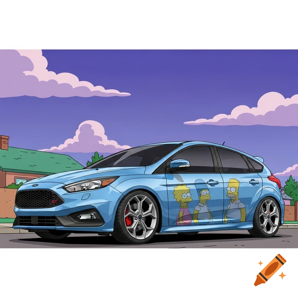 A light blue Ford Focus ST hatchback featuring cartoon Simpsons characters on its side, parked in a suburban street.