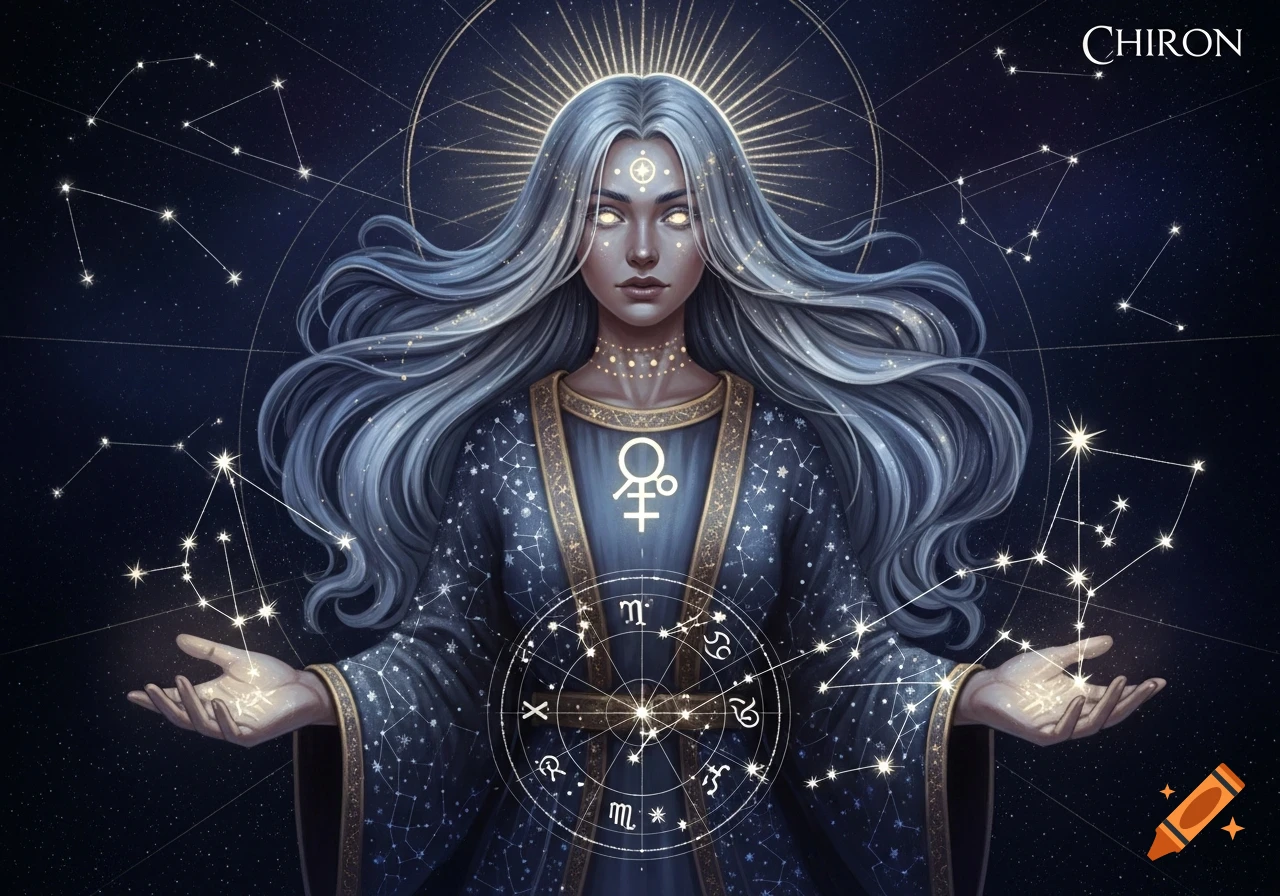 A fantasy woman with silver hair, glowing eyes, and a starry robe, surrounded by constellations and astrological symbols.