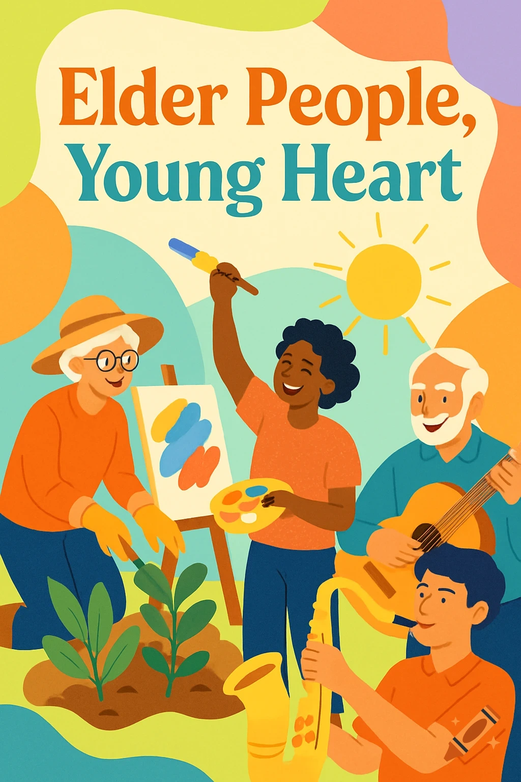 Illustration of diverse people, including seniors, gardening, painting, and playing music under the text 'Elder People, Young Heart'.