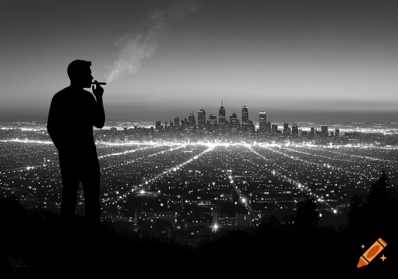 Black and white silhouette of a man smoking a cigar, overlooking a sprawling city at night from a hill.