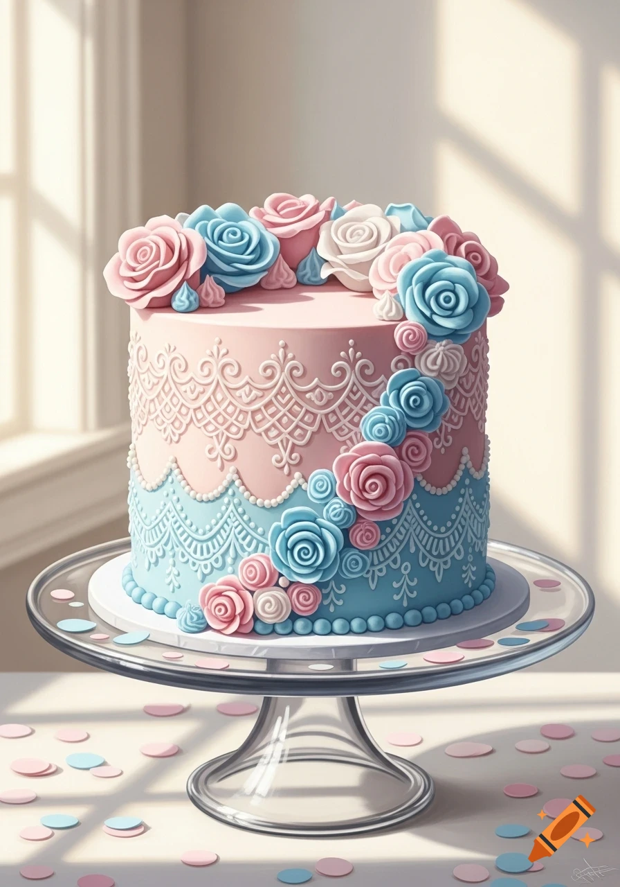 A single-tier gender reveal cake decorated with pink and blue roses and white lace, sitting on a glass stand with pink and blue confetti.