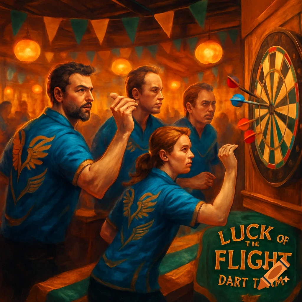 Four people in blue shirts with golden wings play darts in a warmly lit, painterly bar scene.