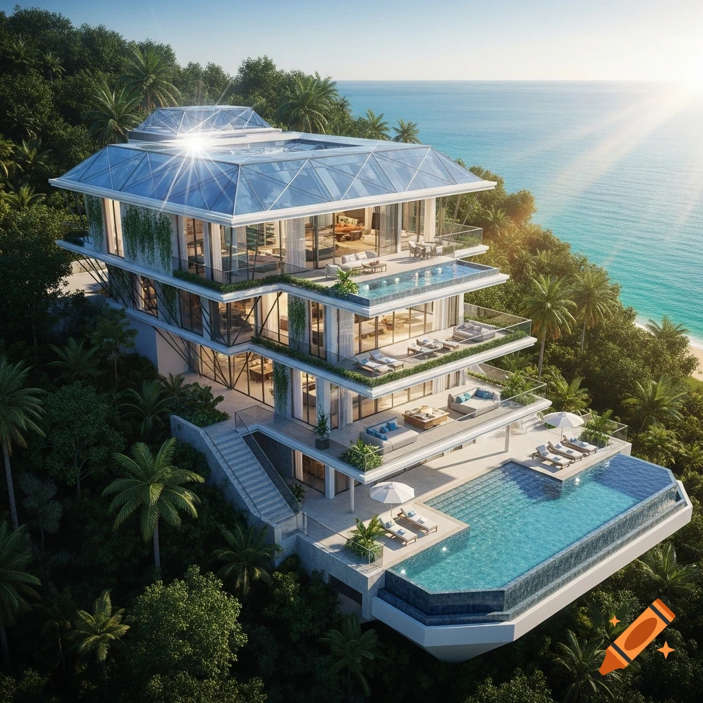 Photorealistic render of a multi-story luxury villa with pools and glass roof on a lush green cliff overlooking a blue ocean.