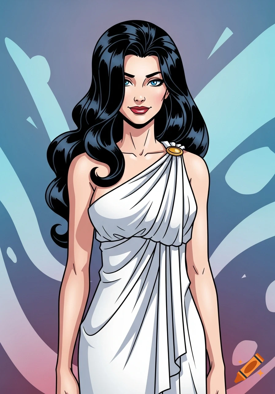 A comic art portrait of a woman with long dark hair, blue eyes, and red lips, wearing a white toga, set against a blue and purple abstract background.