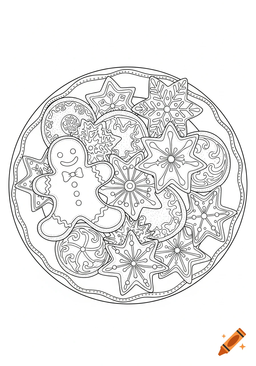 Line art drawing of a plate filled with various Christmas cookies, including a gingerbread man and snowflakes.