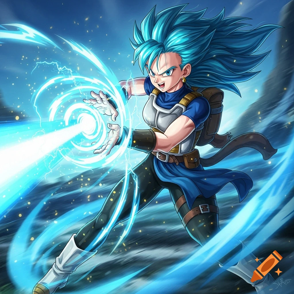 Anime character with spiky blue hair, resembling Bulma from Dragon Ball Z, in a combat stance, firing a powerful blue energy blast.