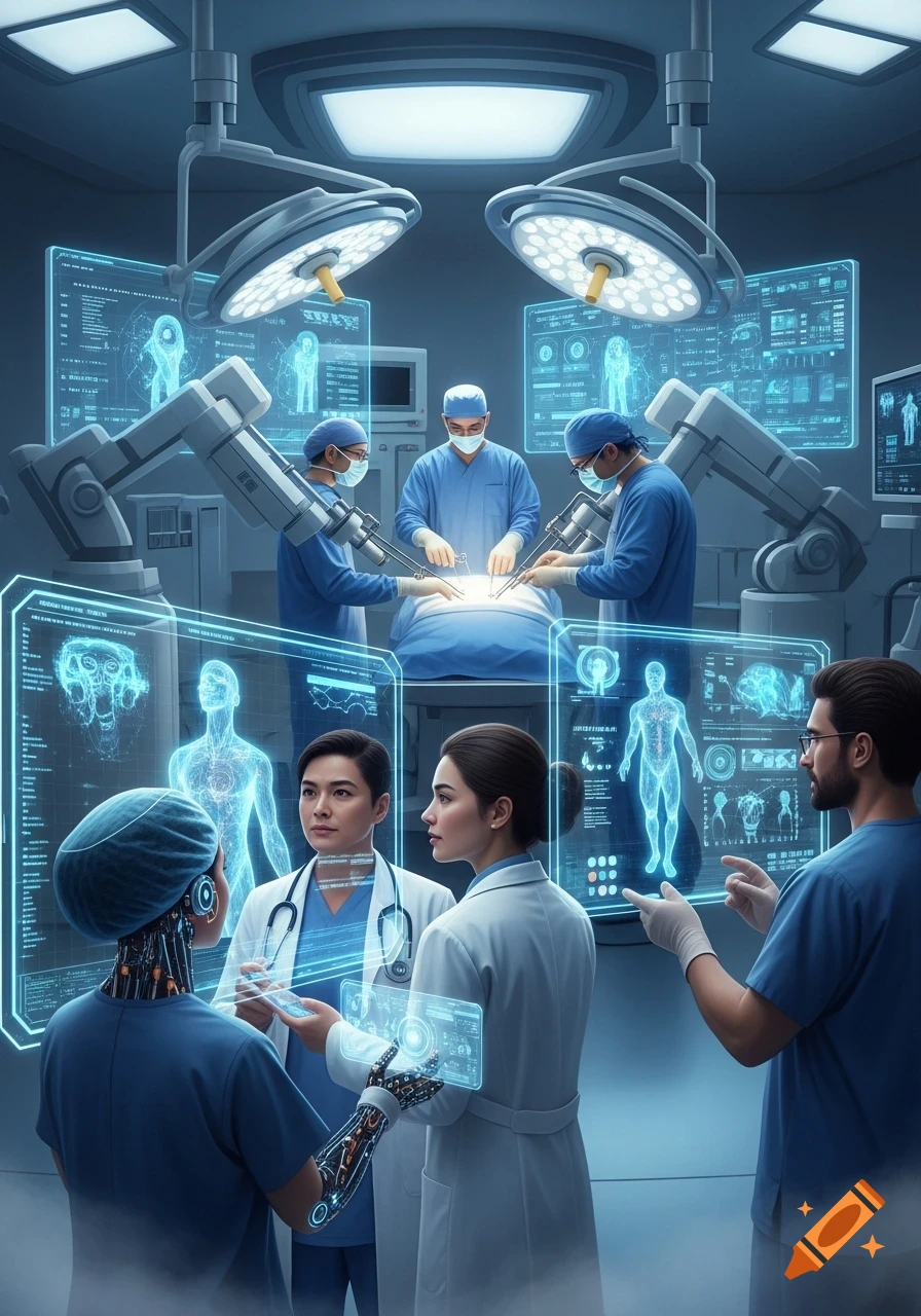 A futuristic operating room with surgeons and a robot performing surgery, while other doctors and a cyborg interact with holographic medical displays showing anatomical data.