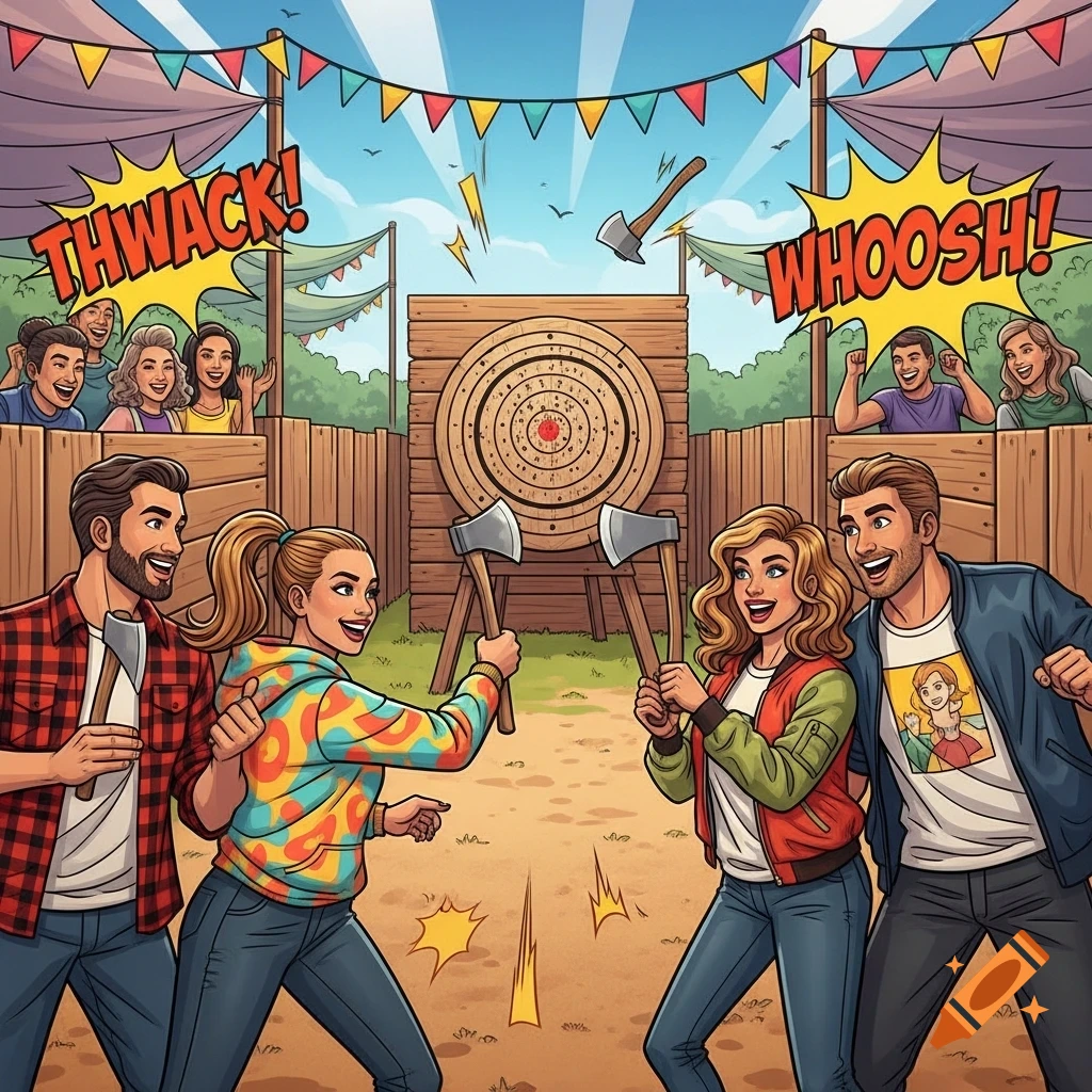 Colorful comic illustration of two couples enjoying axe-throwing at a fair, with 'THWACK!' and 'WHOOSH!' sound effects.
