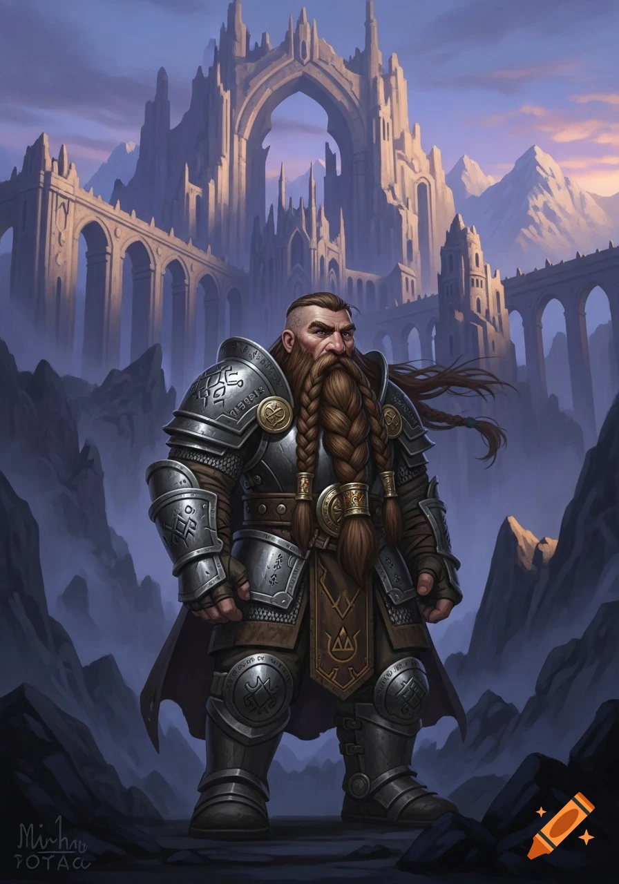 A stern dwarf warrior with a long braided beard and intricate armor stands before a grand fantasy castle at dusk.