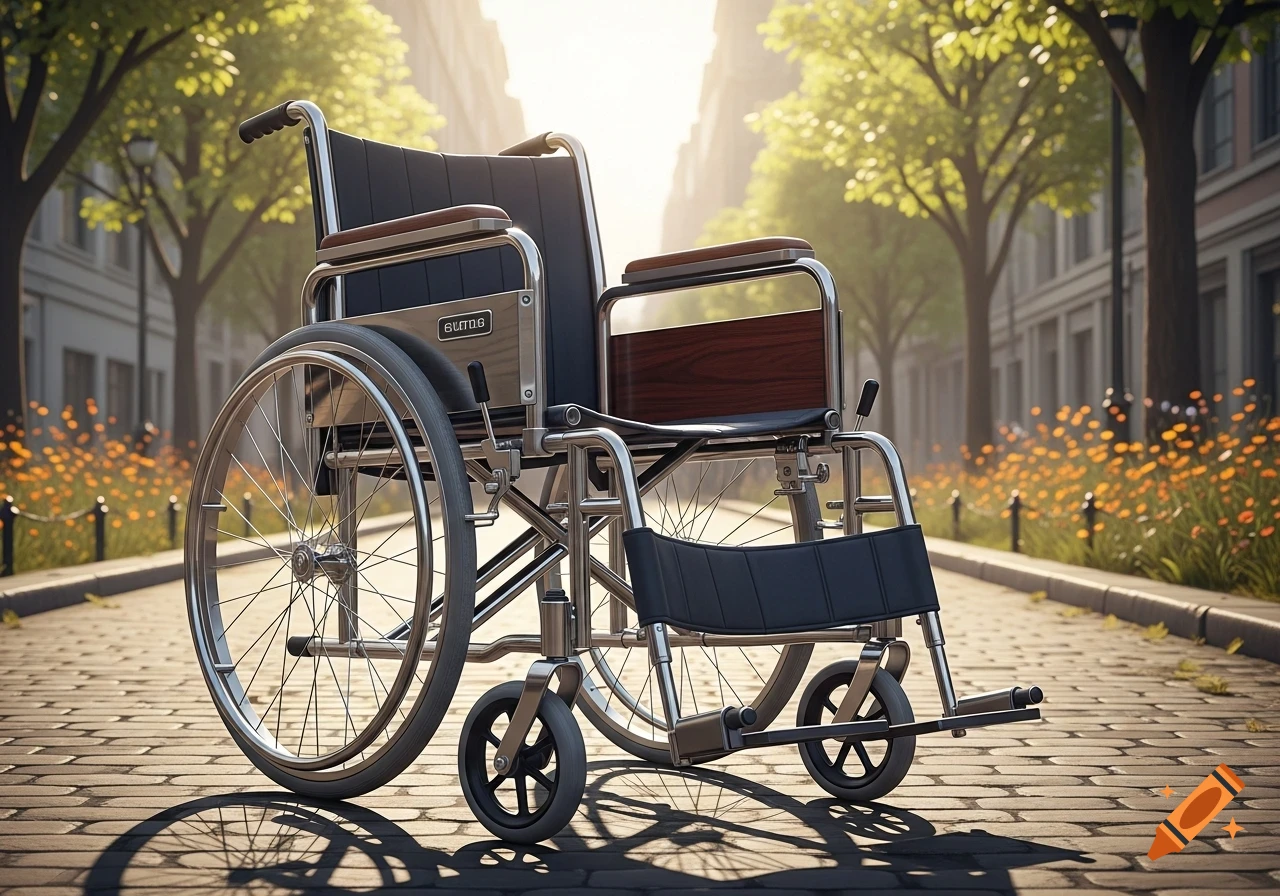 A shiny metallic manual wheelchair with black and wooden accents sits on a cobblestone street, bathed in bright sunlight, with trees and buildings in the background.