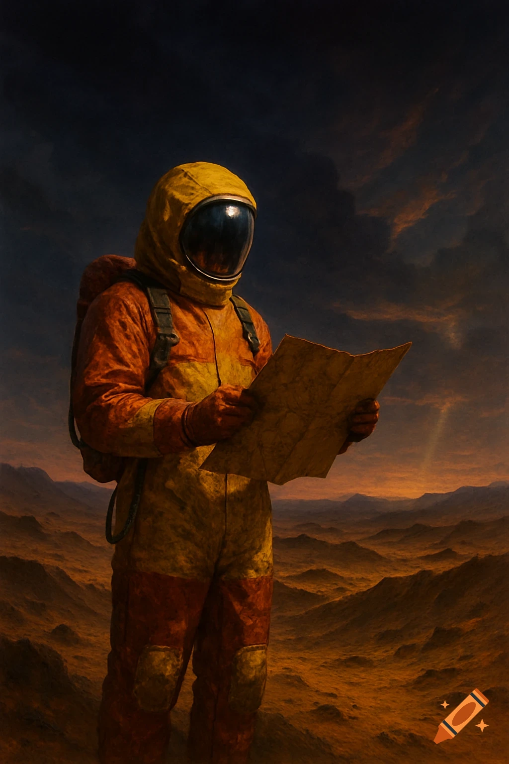 A person in a red and yellow hazmat suit stands on a barren, mountainous alien landscape, holding an unfolded map.