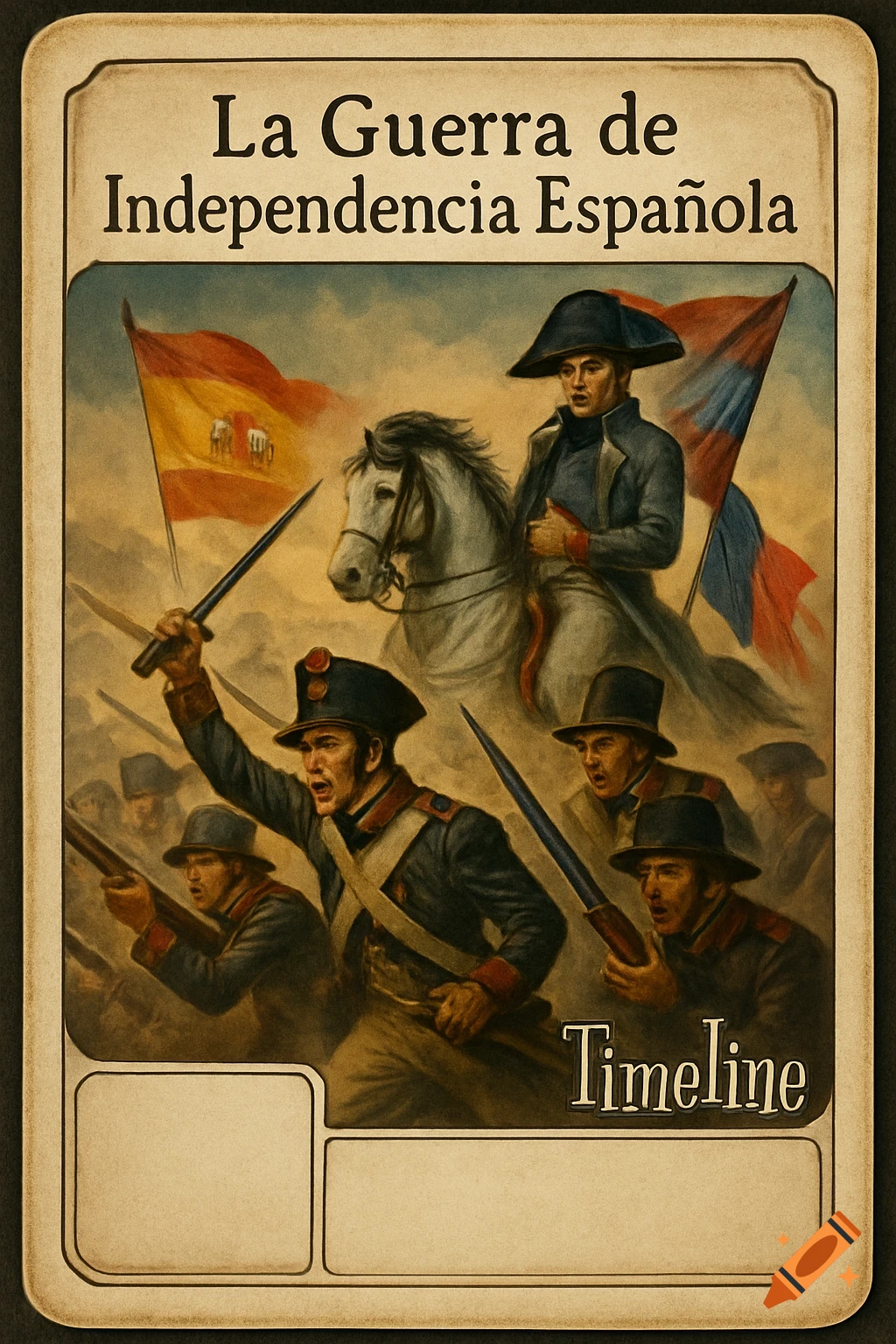 Illustration of a board game card for 'La Guerra de Independencia Española' showing Napoleon on horseback, Spanish soldiers fighting, and flags.
