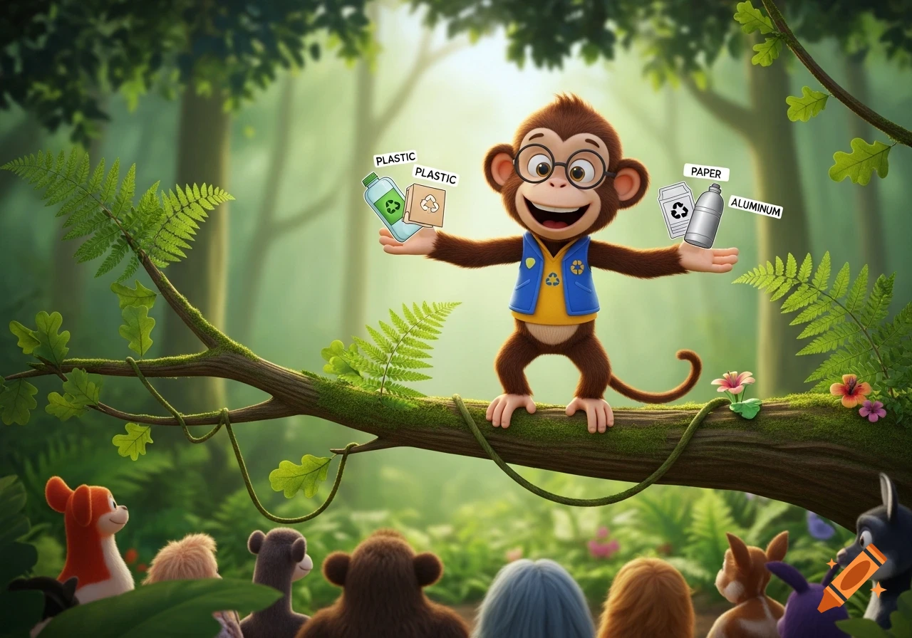 A happy cartoon monkey wearing glasses stands on a jungle branch, holding up items labeled "plastic", "paper", and "aluminum" to an audience of other cartoon animals, explaining recycling.