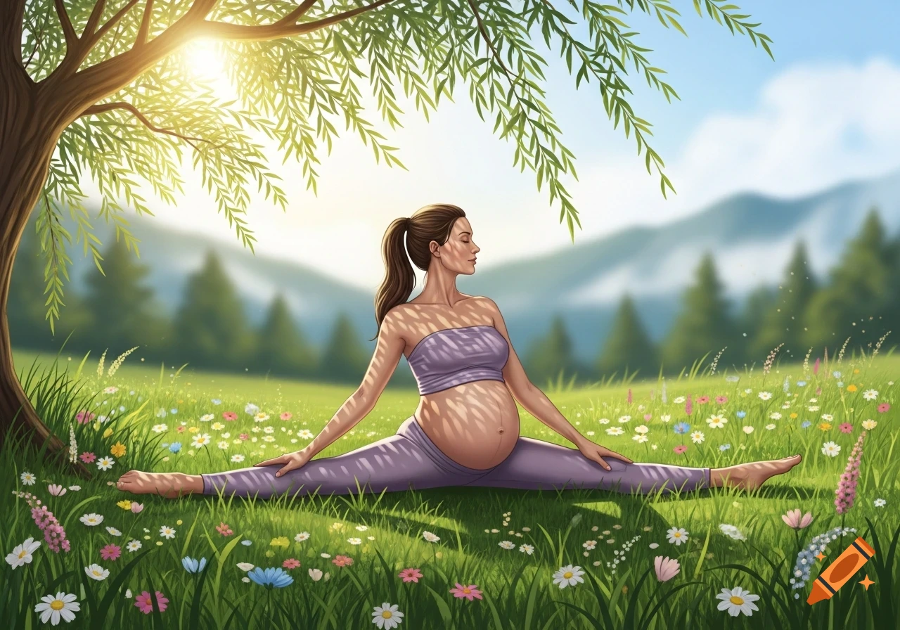 An illustrated pregnant woman doing the splits in a sunny, wildflower-filled meadow under a tree, with mountains in the background.