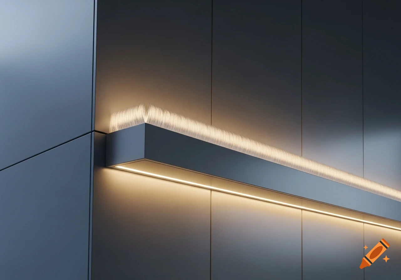Modern architectural detail with a long, recessed LED light strip and a fibrous light element on a dark grey wall.