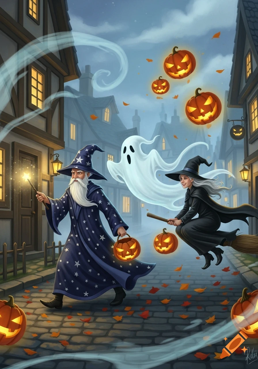 A wizard, witch on a broom, and a ghost trick-or-treating on a cobblestone street with glowing jack-o'-lanterns and falling leaves.
