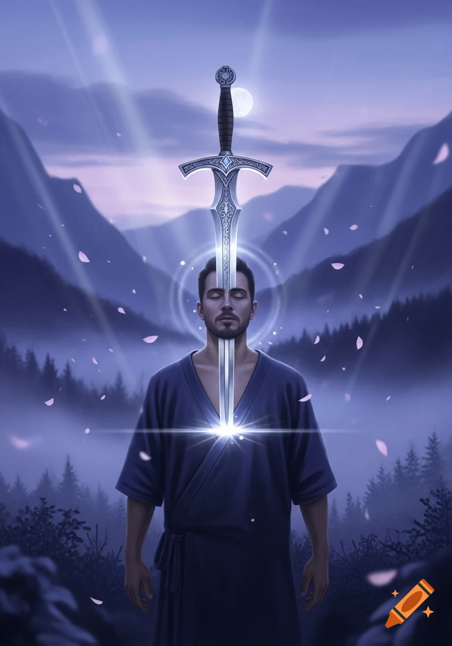A man in a dark robe stands with a glowing sword appearing to go through his head and chest, against a mystical purple mountain and moonlit sky.