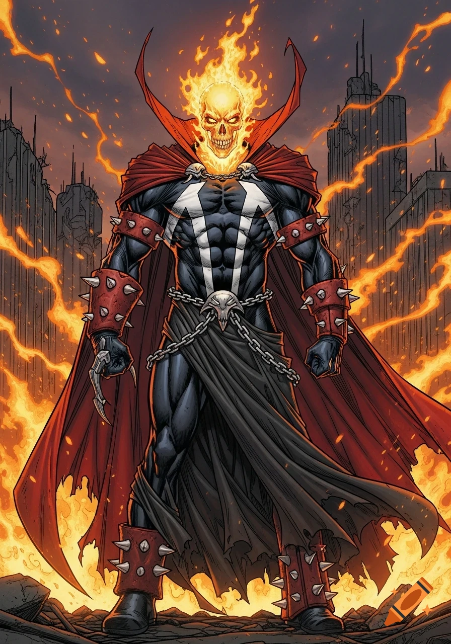 A comic book style illustration of a superhero with a flaming skull head, red cape, black suit, chains, and spiked armor, standing in a burning city.