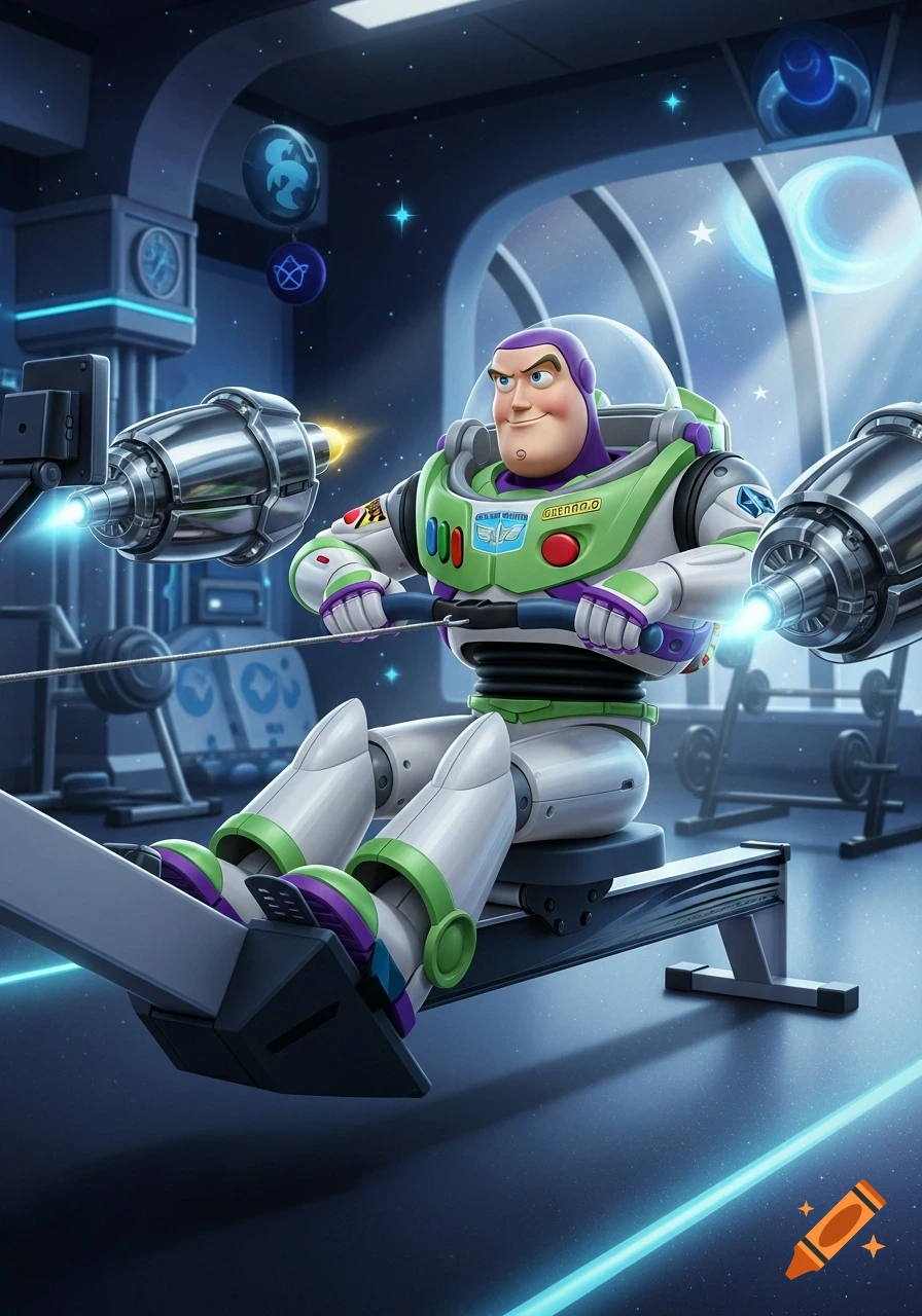 Buzz Lightyear doing a seated row exercise on a futuristic machine in a dimly lit, space-themed gym.