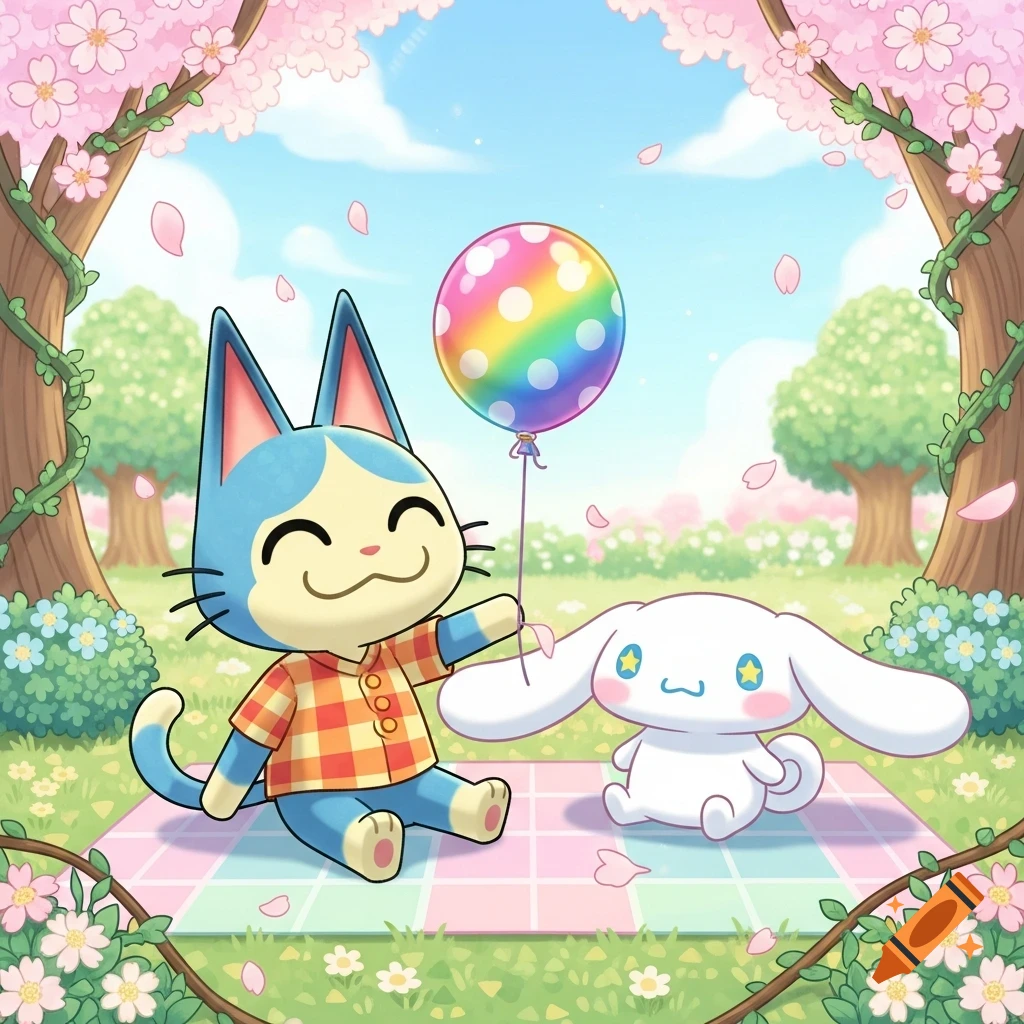 Punchy from Animal Crossing and Cinnamoroll sit on a picnic blanket under cherry blossoms, with Punchy holding a rainbow balloon.