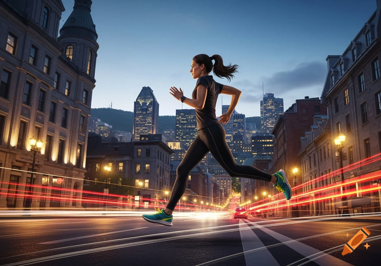 A woman with a ponytail runs at high speed down a city street at dusk, surrounded by tall buildings and light trails.