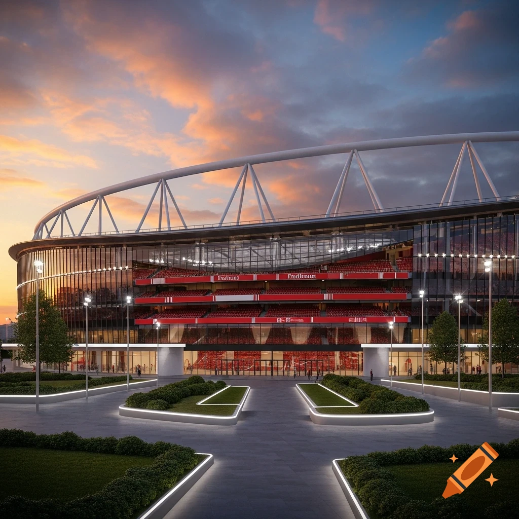 Photorealistic image of a modern stadium with red seating and a sweeping roof structure, bathed in the warm light of a sunset.