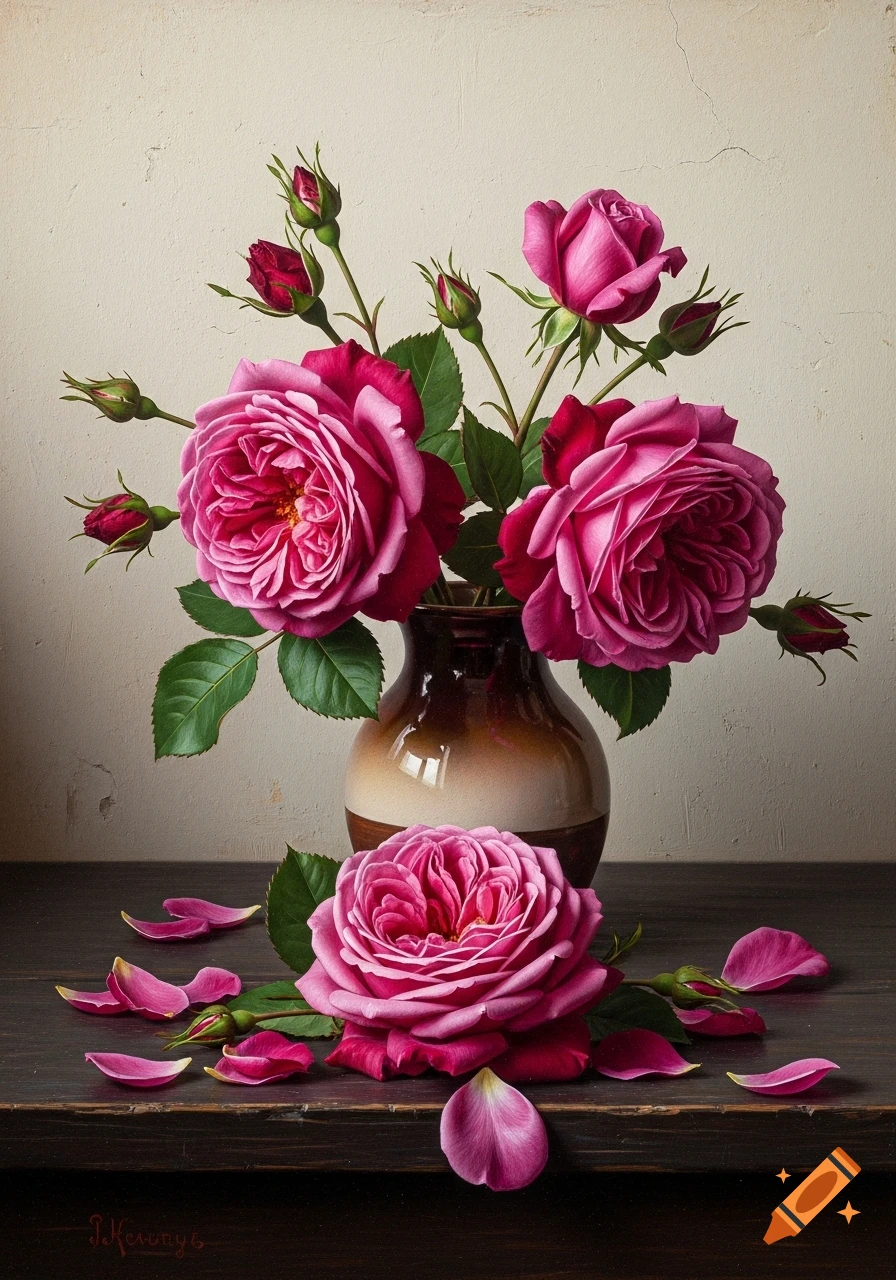 Still life oil painting of vibrant pink roses in a brown vase on a dark wooden table with fallen petals.