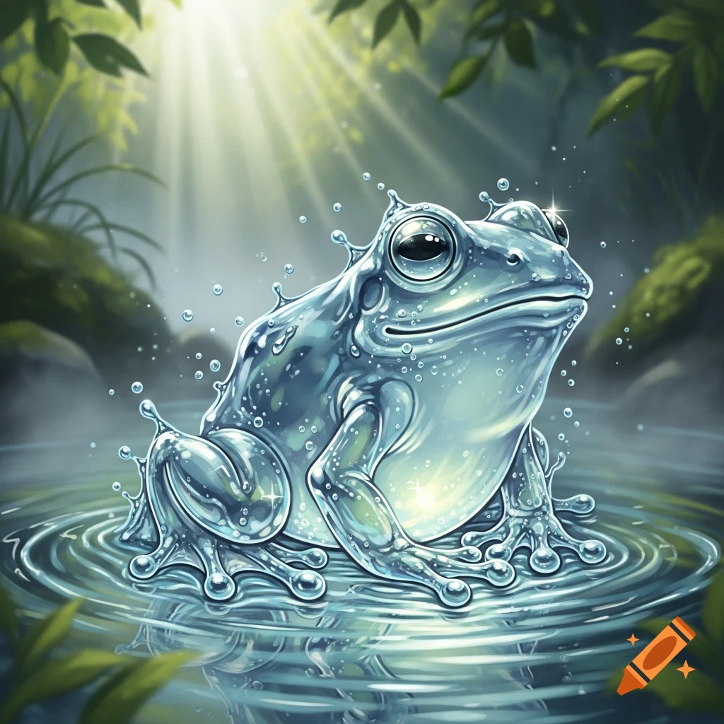 A stylized, semi-transparent water elemental frog with droplets ...