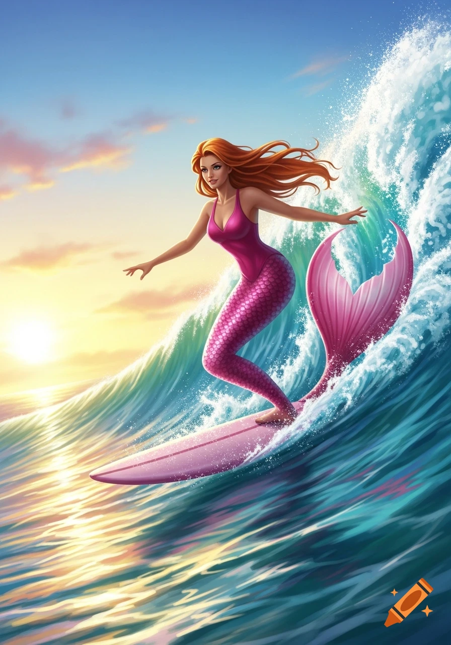 An illustration of a red-haired mermaid in a pink swimsuit and tail, surfing on a pink board amidst a dynamic ocean wave at sunset.