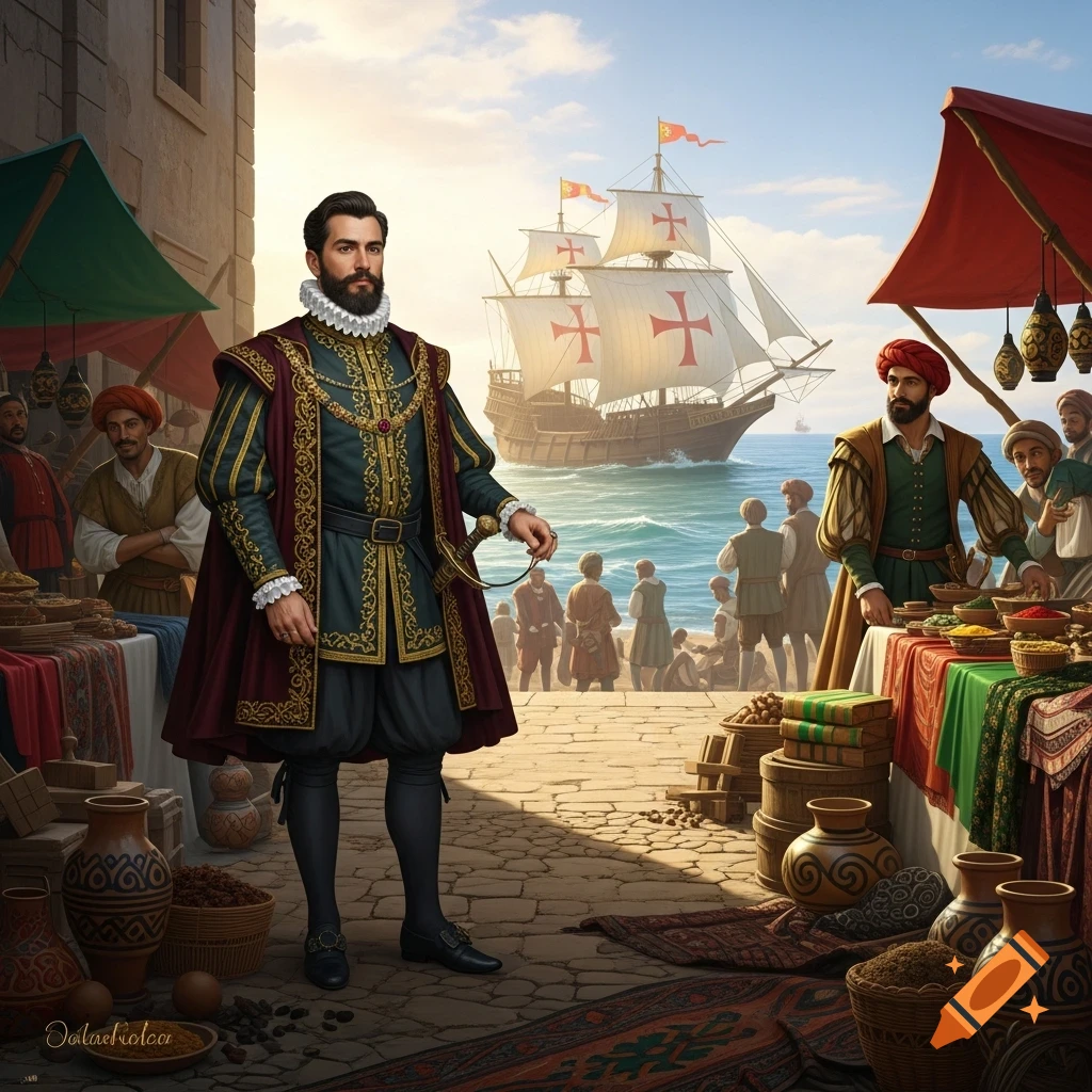 A man in ornate 16th-century attire stands in a bustling port market with a large sailing ship in the background.