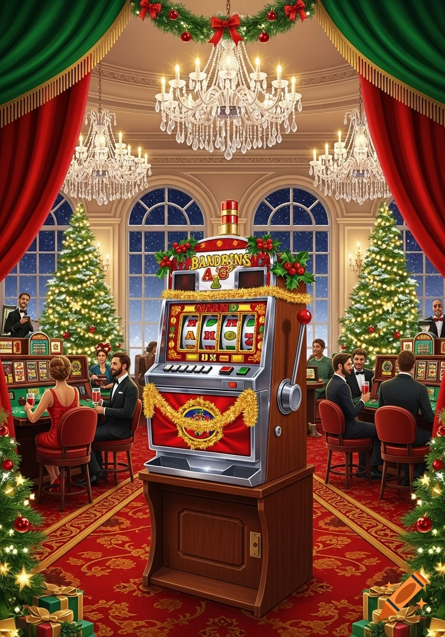 A detailed illustration of a festive Christmas casino with a prominent slot machine, guests gambling, chandeliers, and snow outside.