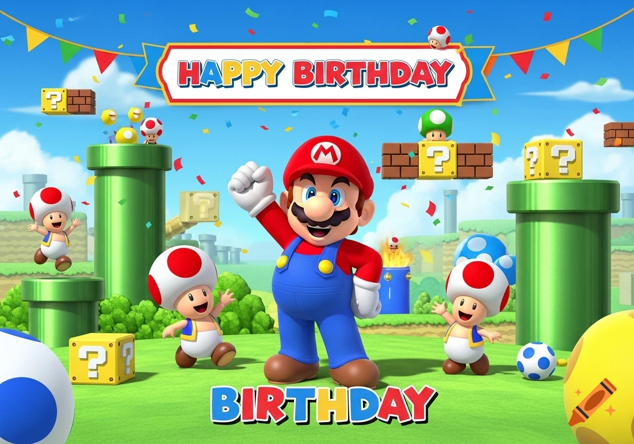 Super Mario and various Toad characters celebrate a birthday on a grassy field filled with question blocks and pipes, under a banner reading HAPPY BIRTHDAY. Confetti falls around them.