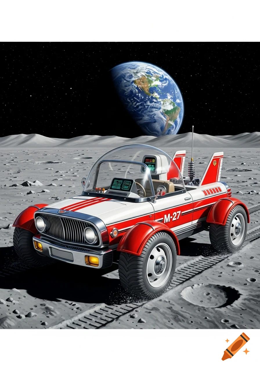 A retro-futuristic red and white moon rover with large tires and a bubble canopy drives on a cratered lunar surface, with Earth visible in the black sky.