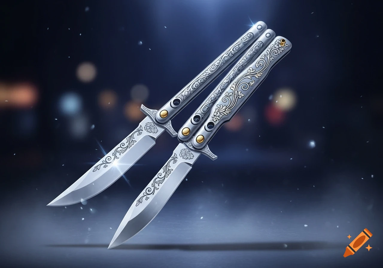 Two ornate silver butterfly knives with intricate designs on their handles and blades, set against a dark, blurry background with bokeh lights.