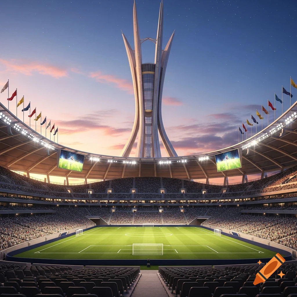 A photorealistic wide shot of a large, modern sports stadium with a towering, futuristic structure reaching into a sunset sky.