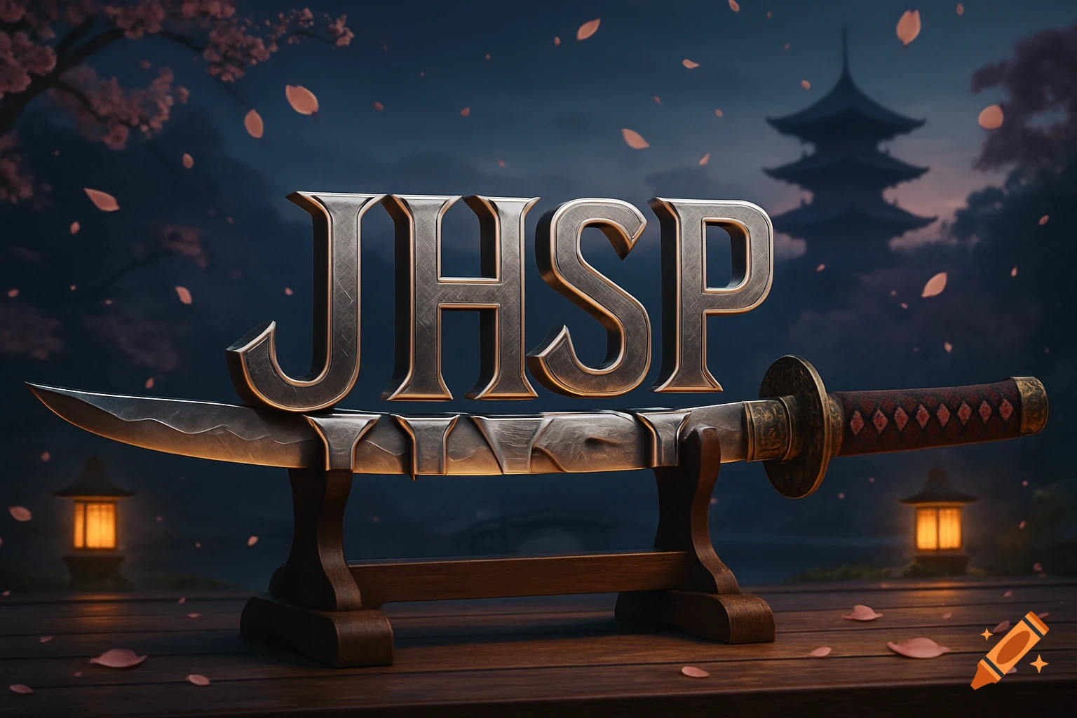 Stylized samurai sword with 'JHSP' letters as the blade, on a wooden stand against a Japanese pagoda and cherry blossom background at dusk.