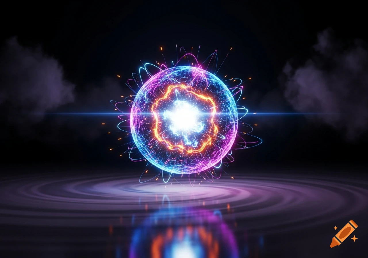 A vibrant, glowing energy sphere with blue, purple, and orange light particles, reflecting on a dark, ripple-textured surface.