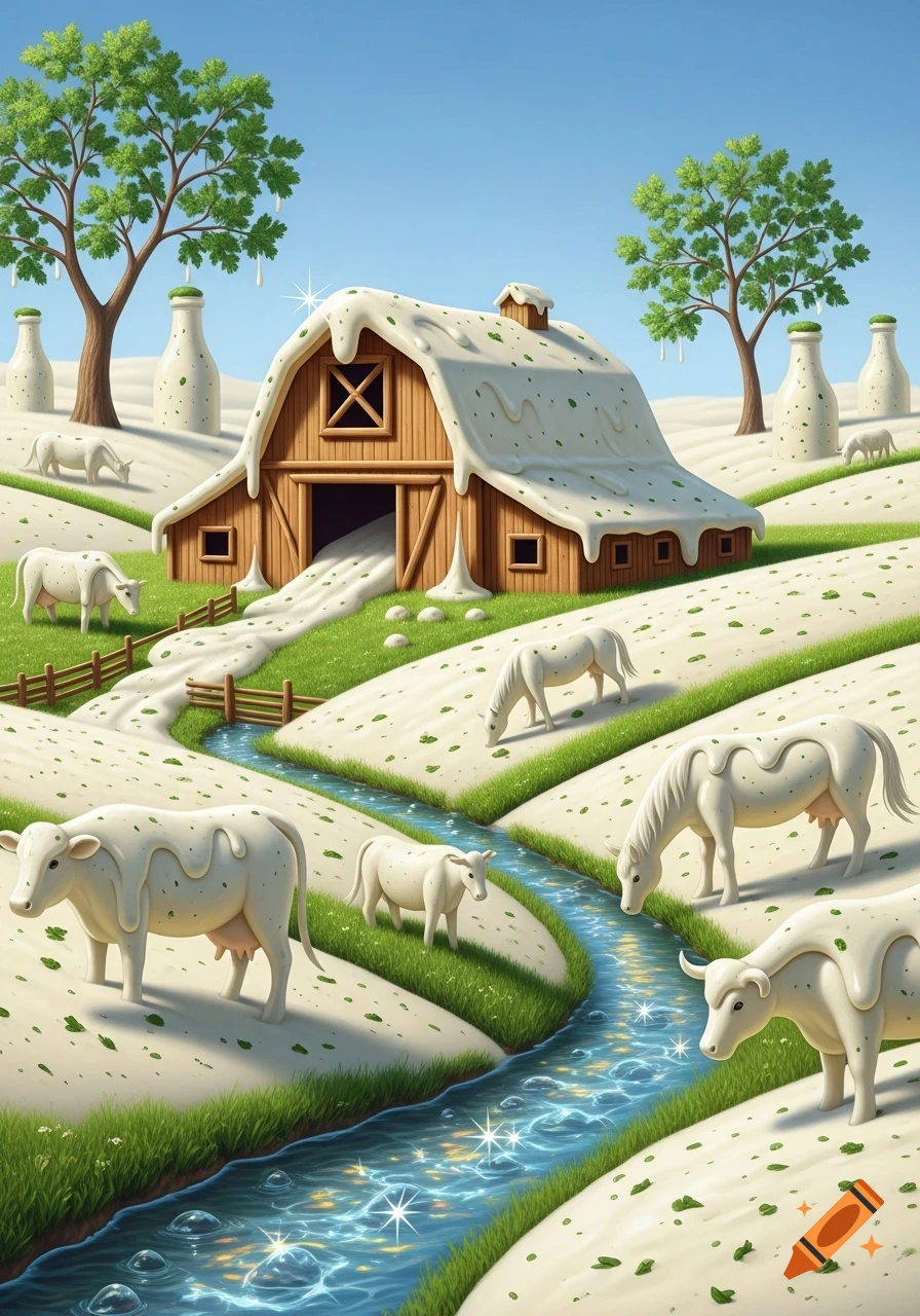 A whimsical farm landscape with a barn, hills, cows, and horses covered in white ranch dressing, alongside a sparkling blue stream and trees.