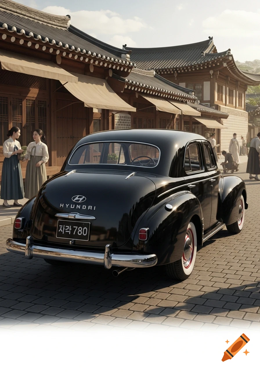 A black vintage Hyundai car is parked on a cobblestone street in front of traditional Korean buildings, with women in hanbok nearby.