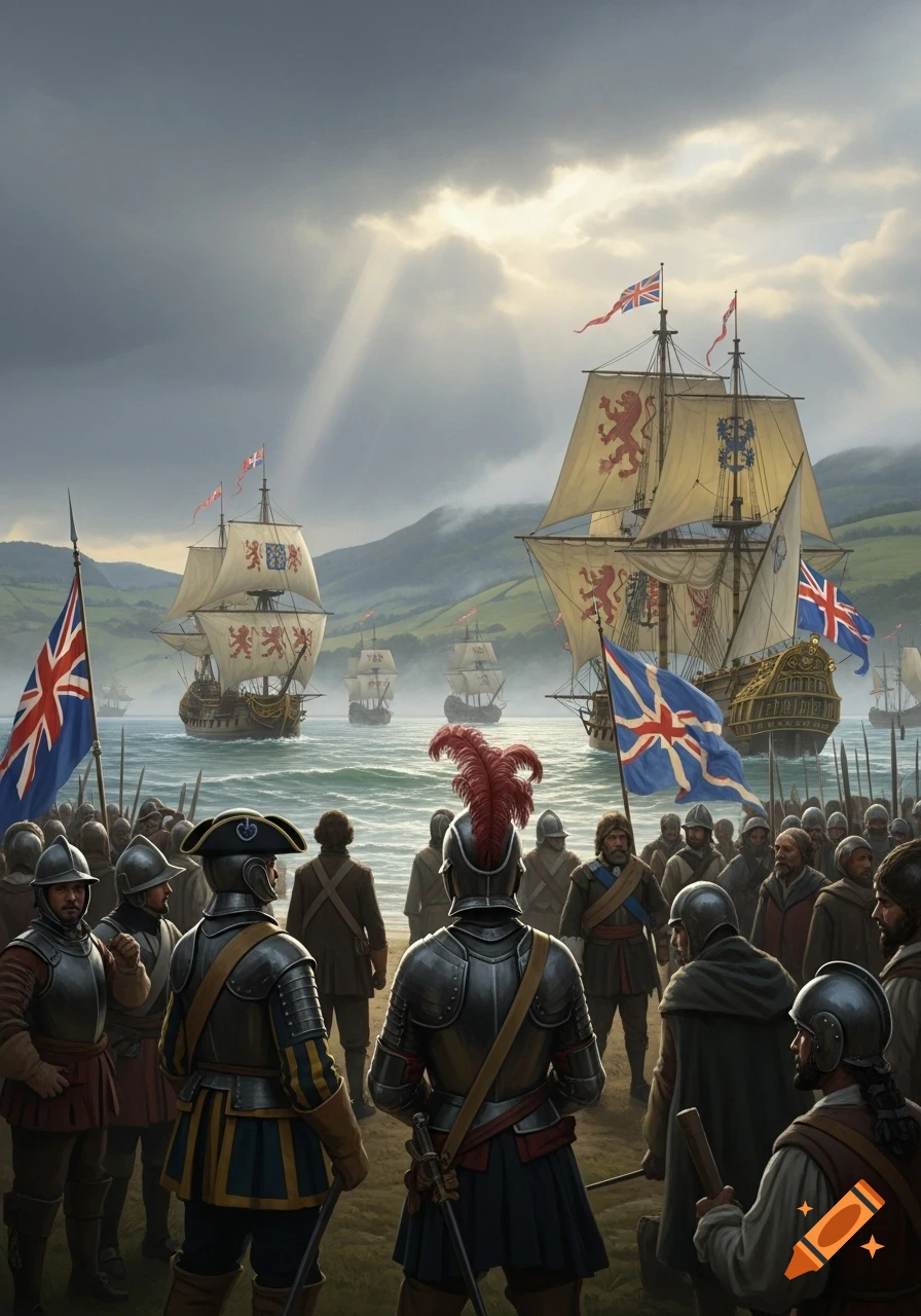 Digital painting of 17th-century soldiers on a beach with sailing ships flying Union Jack flags under a cloudy sky.