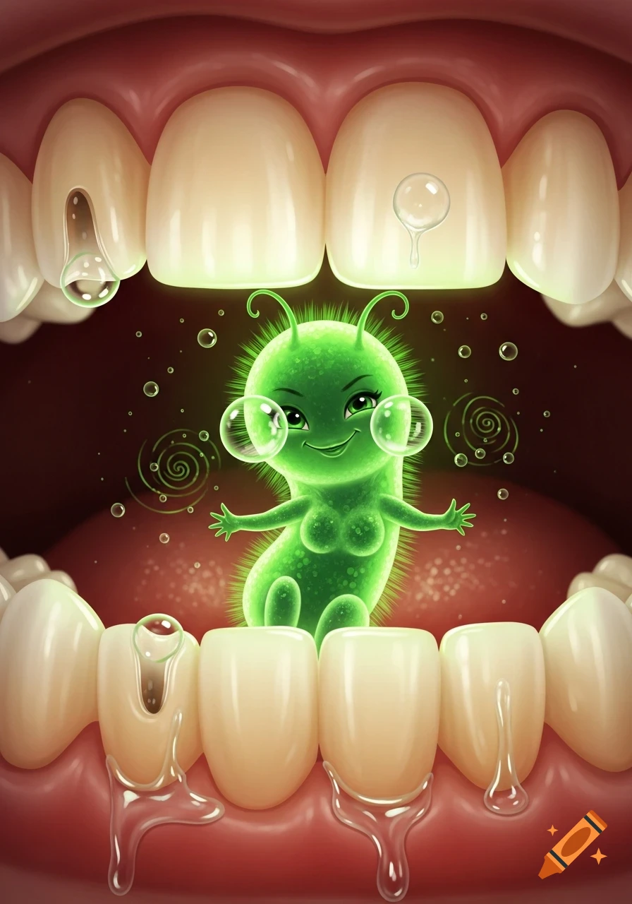 A smiling green cartoon germ with antennas and prominent breasts stands inside a human mouth with visible tooth cavities and dripping fluid.