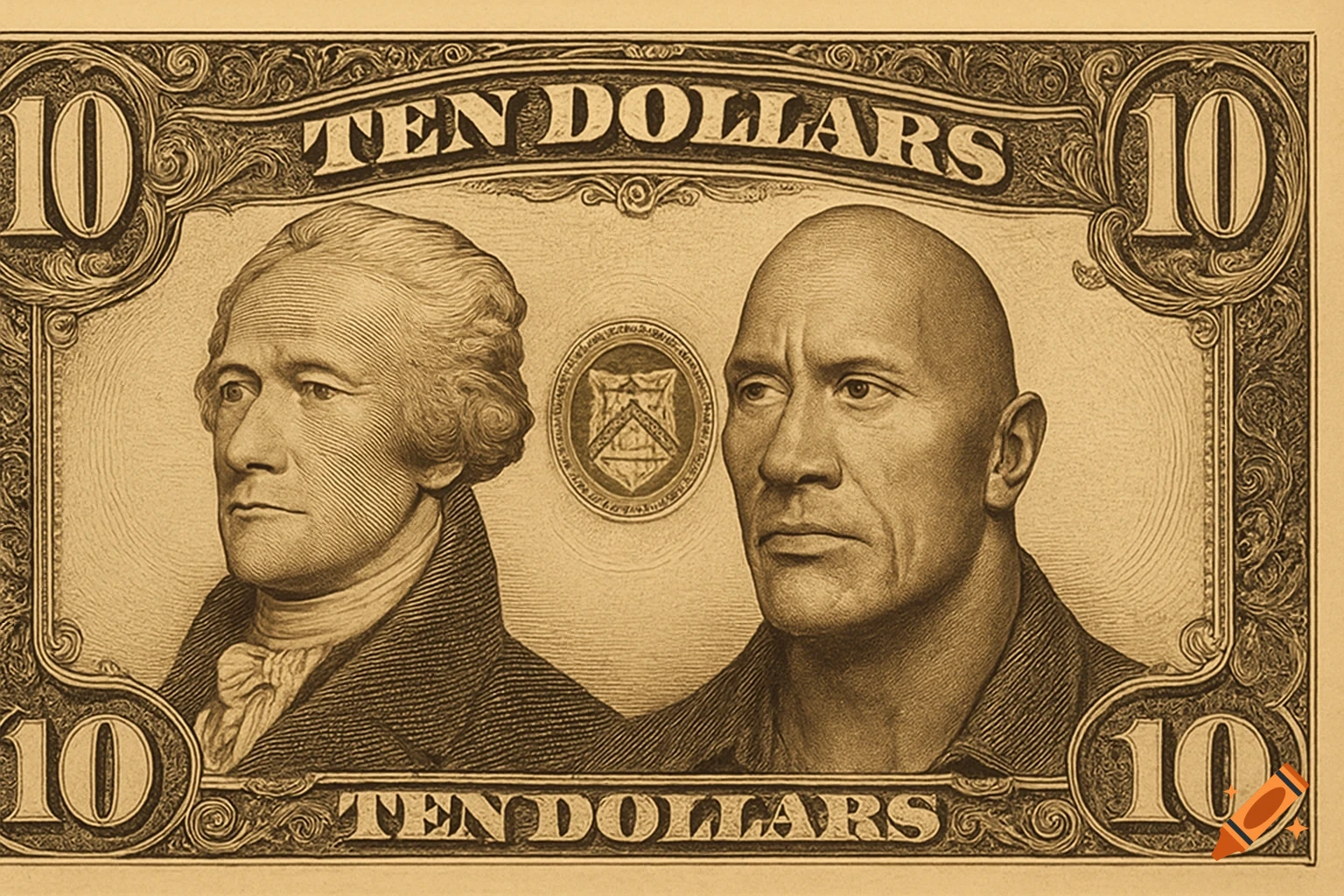 An engraving-style image of a ten-dollar bill featuring Alexander Hamilton on the left and Dwayne "The Rock" Johnson on the right, both looking forward. Intricate borders and "TEN DOLLARS" text frame the portraits.